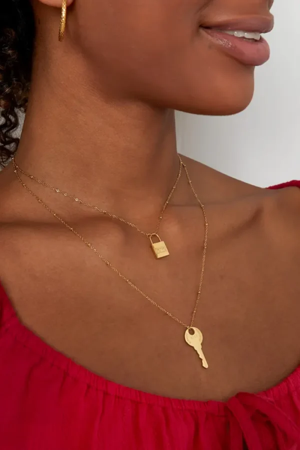 Ketting sleutel met slot, Ketting, dames, ketting, stainless steel, 40+5 cm, goud kleurig