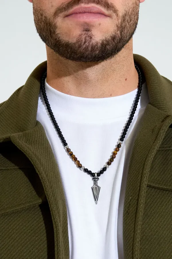 Ketting kralen, Ketting, heren, stainless steel, stenen kralen, bruin