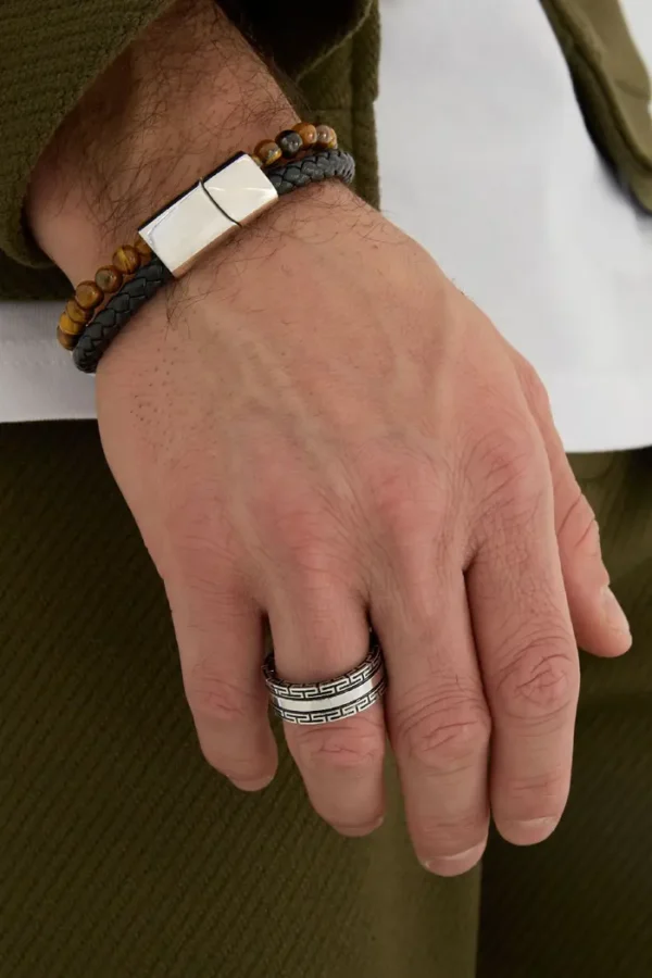 Heren ring met patroon, Ring, heren, stainless steel, zilver met zwart