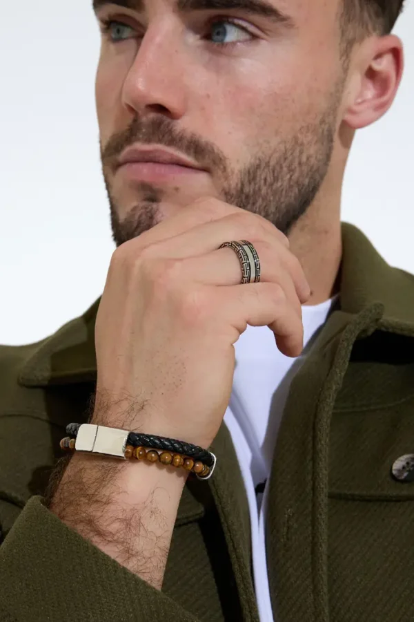 Armband gevlochten en kralen, Armband, heren, stainless steel, PU, steen, donkere kleur, bruine kralen