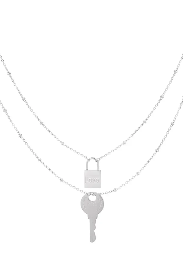 Ketting sleutel met slot, Ketting sleutel met slot, dames, ketting, stainless steel, 40+5 cm, zilver kleurig