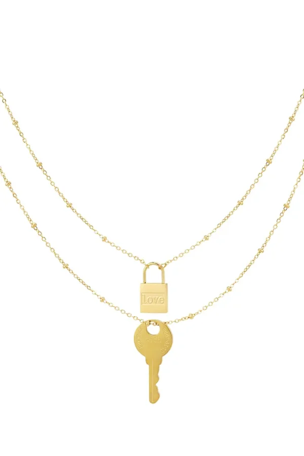 Ketting sleutel met slot, Ketting, dames, ketting, stainless steel, 40+5 cm, goud kleurig