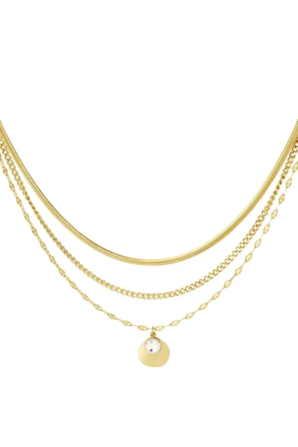 Ketting drie laags met steen, Ketting, dames, stainless steel, strass steen, 44+5 cm, goud kleurig