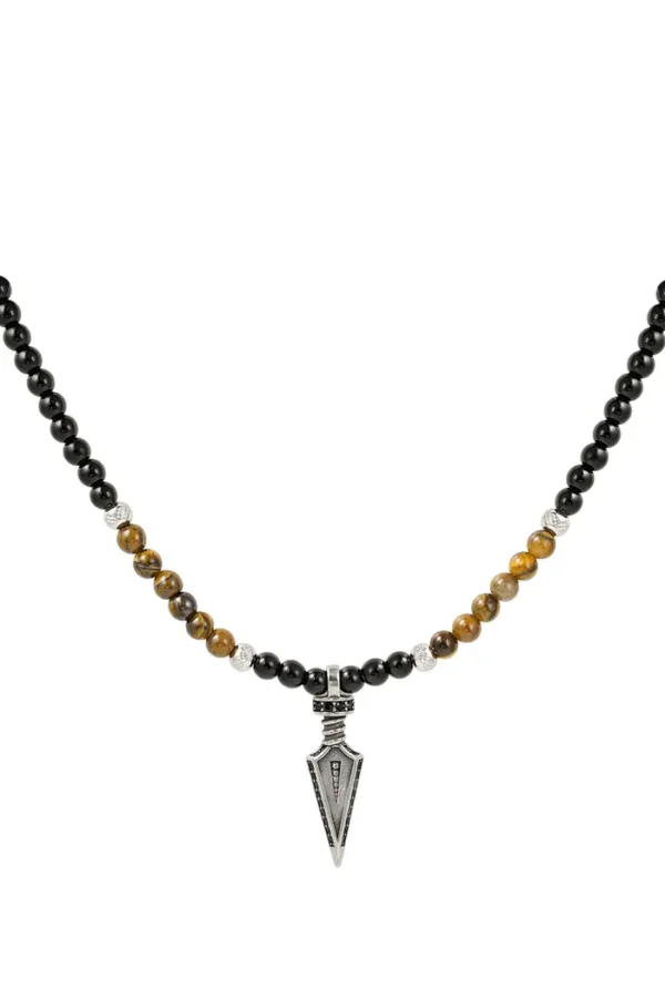 Ketting kralen, Ketting, heren, stainless steel, stenen kralen, bruin