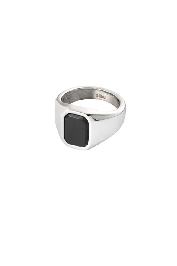 Heren ring met steen, Ring, heren, stainless steel, zilver kleureig met zwarte steen