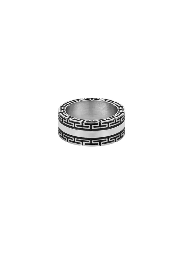 Heren ring met patroon, Ring, heren, stainless steel, zilver met zwart