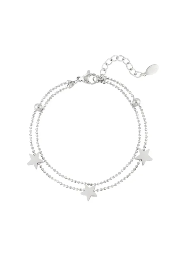 dubbele armband sterretjes, Armband, dames, stainless steel, 16+3 cm, zilver kleurig