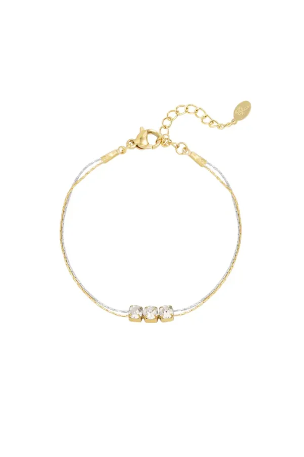 Armband drie steentjes, dames, Armband, stainless steel, strass, goud