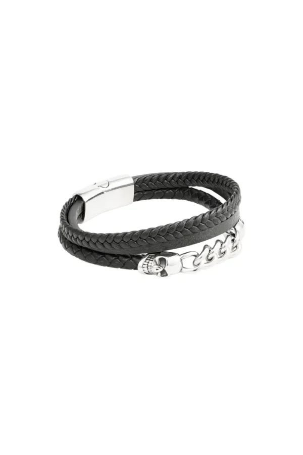 Armband gevlochten met schakels, Armband, heren, PU, stainless steel, zwart met zilver,