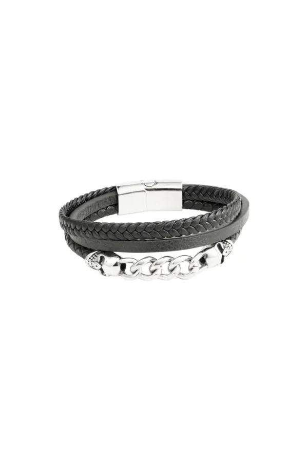 Armband gevlochten met schakels, Armband, heren, PU, stainless steel, zwart met zilver,