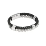 Armband gevlochten en kralen, Armband, heren, stainless steel, PU, steen, donkere kleur, grijze kralen