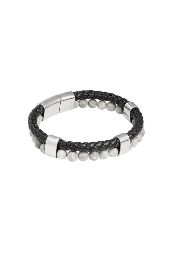 Armband gevlochten en kralen, Armband, heren, stainless steel, PU, steen, donkere kleur, grijze kralen