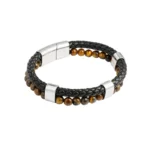 Armband gevlochten en kralen, Armband, heren, stainless steel, PU, steen, donkere kleur, bruine kralen