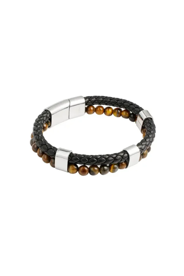 Armband gevlochten en kralen, Armband, heren, stainless steel, PU, steen, donkere kleur, bruine kralen