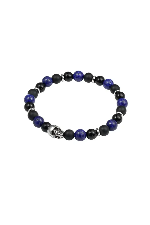 Armband kralen doodshoofd, Armband, heren, stenen kralen, blauw