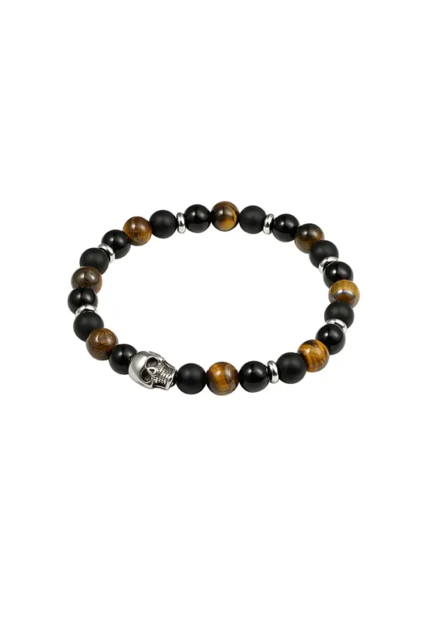 Armband kralen doodshoofd, Armband, heren, stenen kralen, bruin