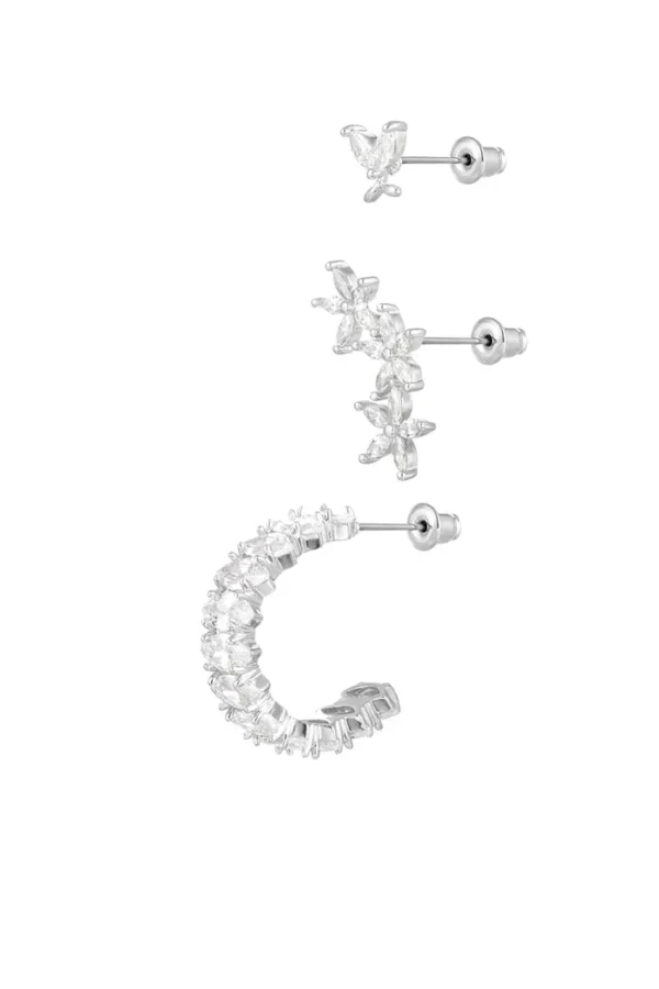 Oor party bloemen, Oorbellen, stainless steel, zirkonium, zilver