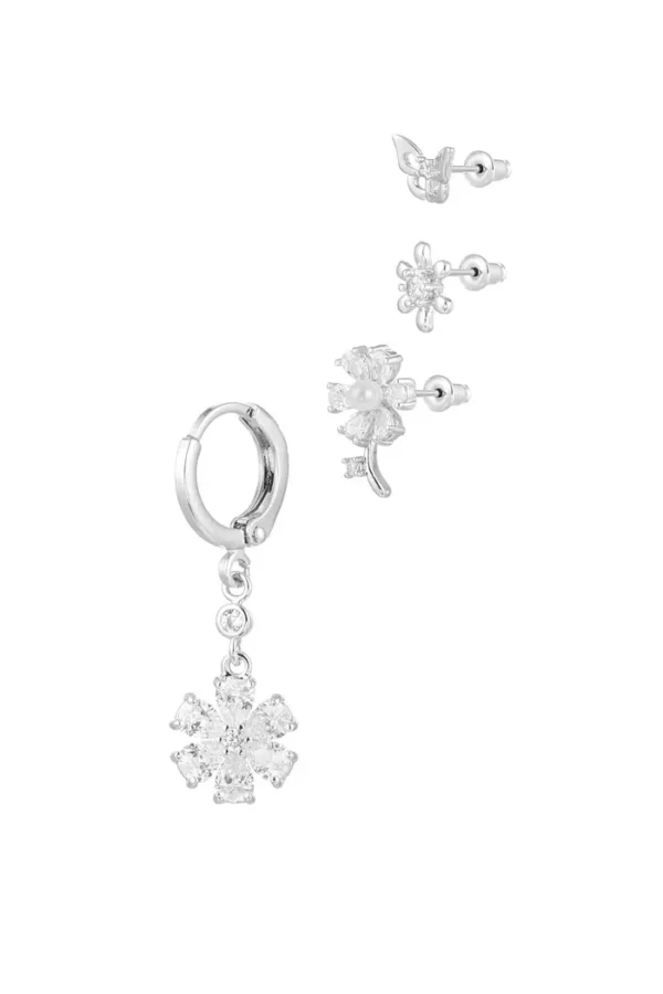 Ear party flowers, Oorbellen, stainless steel, zirkonium, zilver