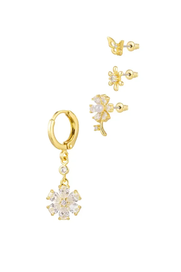 Ear party flowers, Oorbellen, stainless steel, zirkonium, goud
