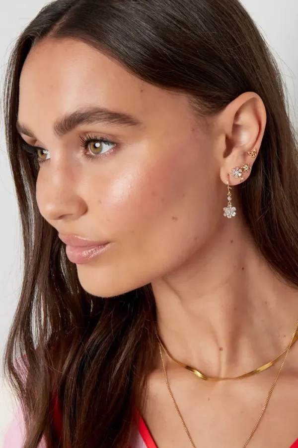 Ear party flowers, Oorbellen, stainless steel, zirkonium, goud
