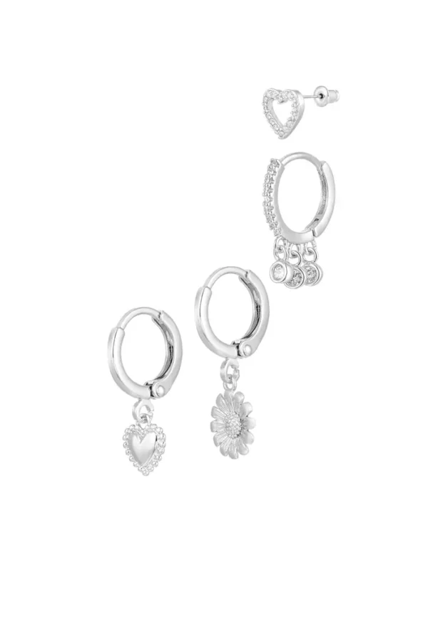 Ear party met hartjes, Oorbellen, stainless steel, zirkunium, zilver