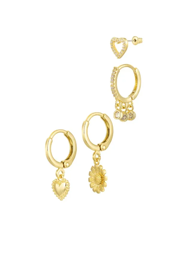 Ear party met hartjes, Oorbellen, stainless steel, zirkunium, goud
