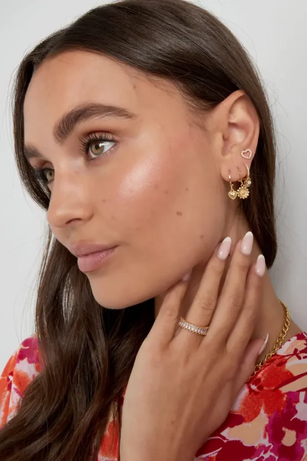 Ear party met hartjes, Oorbellen, stainless steel, zirkunium, goud
