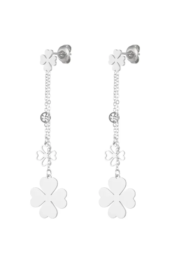 Hangende oorbellen klavertjes, Oorbellen, stainless steel, strass, zilver