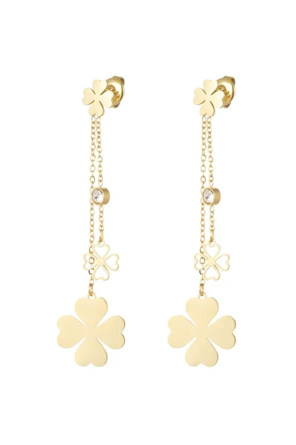 Hangende oorbellen klavertjes, Oorbellen, stainless steel, strass, goud