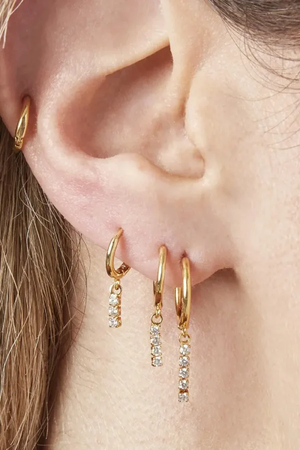 Oorbellen set dangling diamonds, Oorbellen, stainless steel, zirkonium, goud