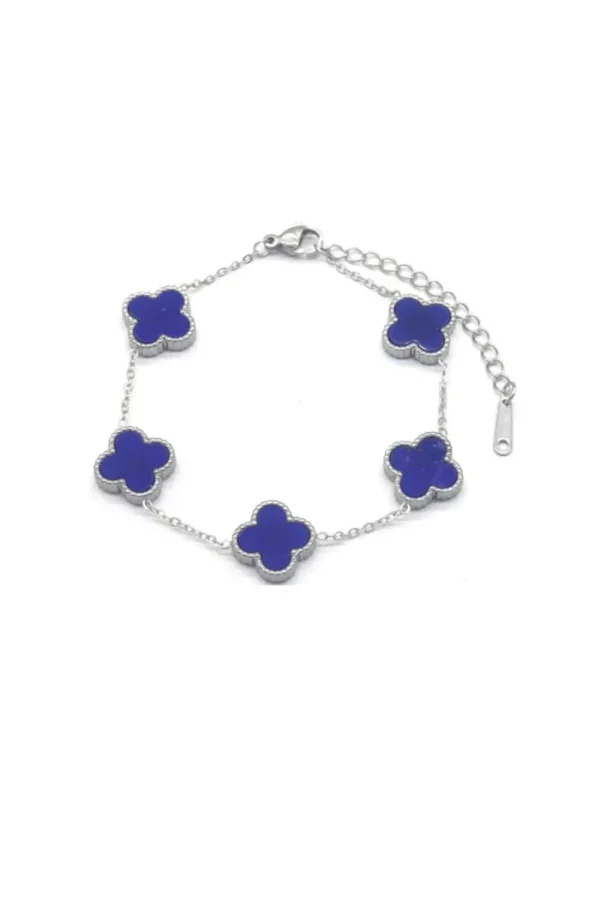 Armband klavers, Armband klavers, dames, stainless steel, zilver, blauwe klavers