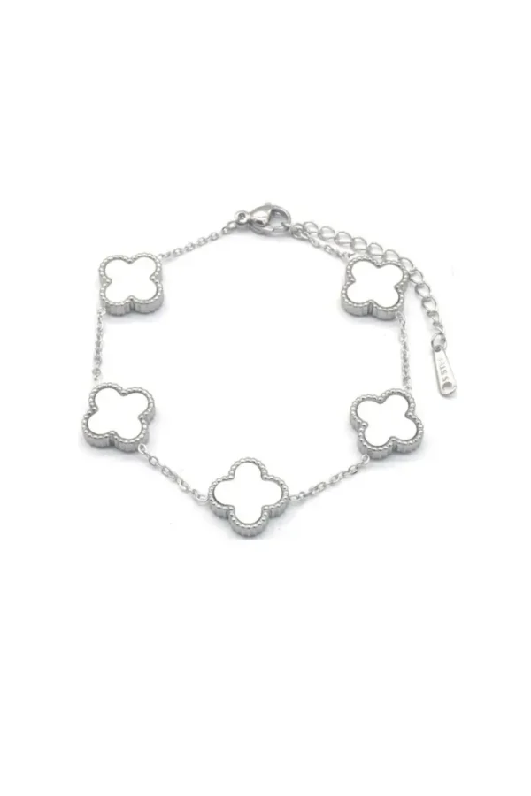 Armband klavers, Armband klavers, dames, stainless steel, zilver, witte klavers