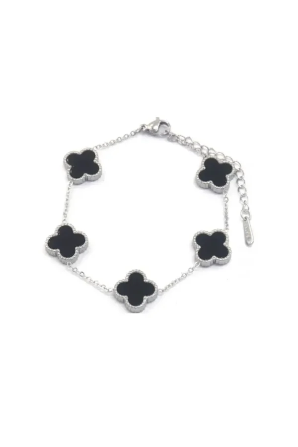 Armband klavers, Armband klavers, dames, stainless steel, zilver, zwarte klavers