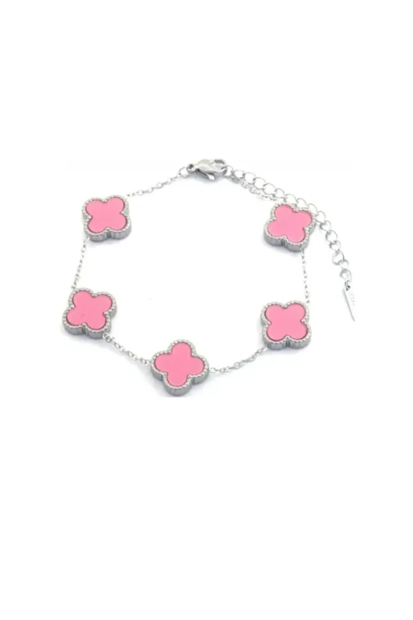Armband klavers, Armband klavers, dames, stainless steel, zilver, roze klavers