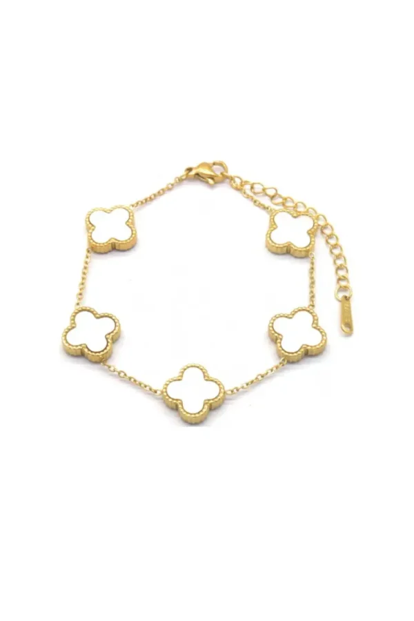 Armband klavers, Armband klavers, dames, stainless steel, goud, witte klavers