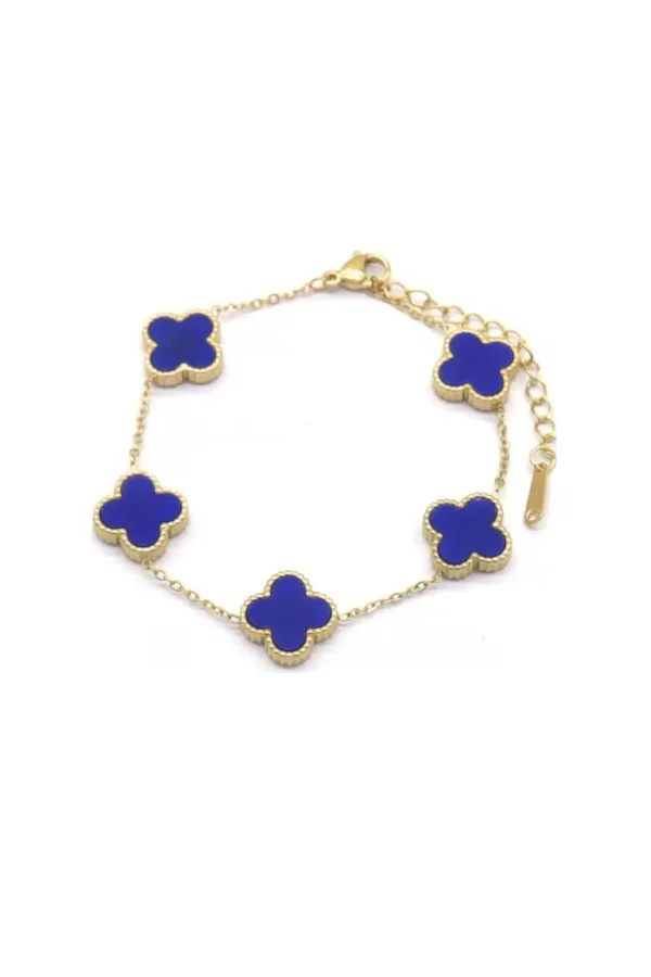 Armband klavers, Armband klavers, dames, stainless steel, goud, blauwe klavers