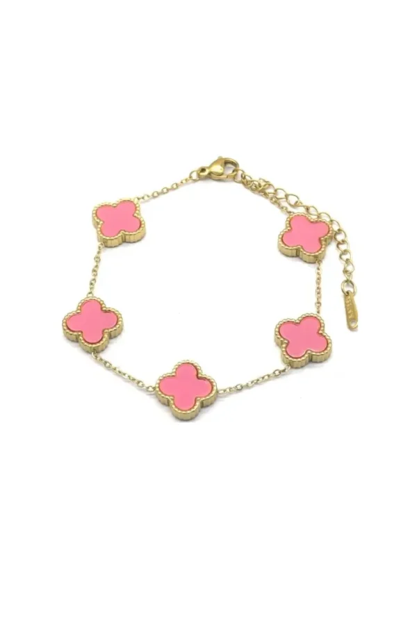 Armband klavers, Armband klavers, dames, stainless steel, goud, roze klavers