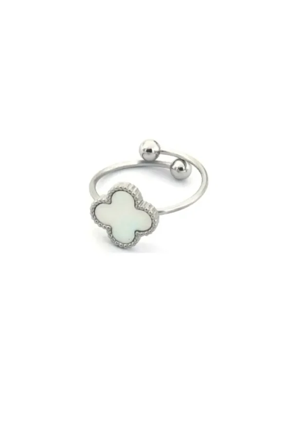 Ring klaver, Ring, dames, kinderen, stainless steel, zilver, witte klaver