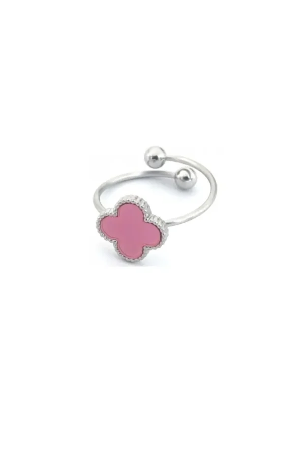 Ring klaver, Ring, dames, kinderen, stainless steel, zilver, roze klaver