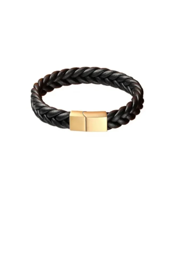 Leren armband, Armband, heren, zwart leder, stainless steel, goud kleurige klik sluiting