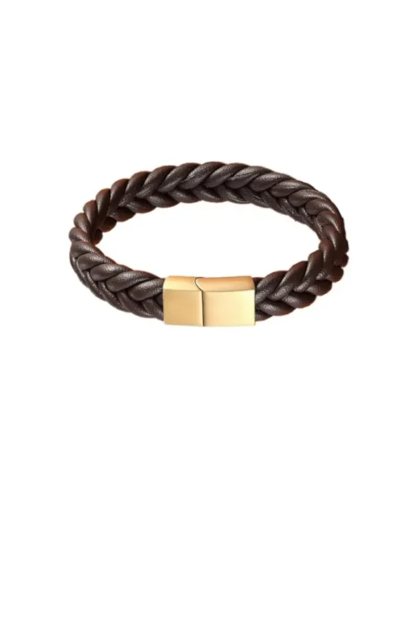 Leren armband, Armband, heren, donker bruin leder, stainless steel, goud kleurige klik sluiting