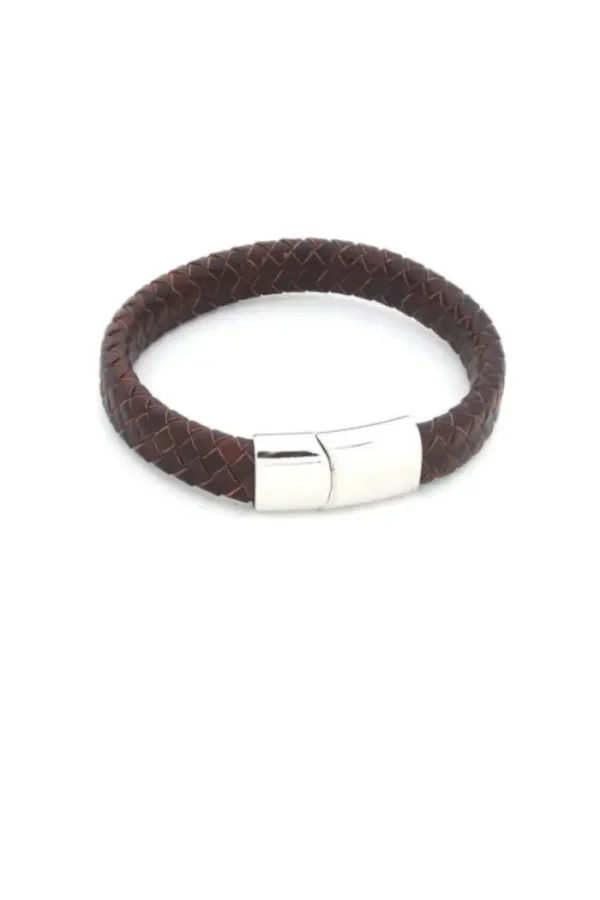Leren armband, Armband, heren, donker bruin leder, stainless steel, zilver kleurige klik sluiting