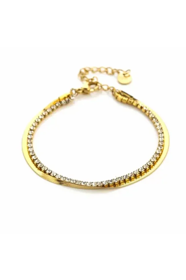 Dubbele armband, Armband, dames, stainless steel, strass steentjes, goud