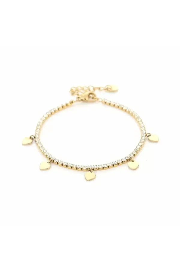 Armband strass met hartjes, Armband, dames, stainless steel, strass steentjes, goud