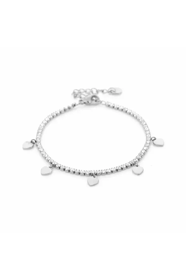 Armband strass met hartjes, Armband, dames, stainless steel, strass steentjes, zilver