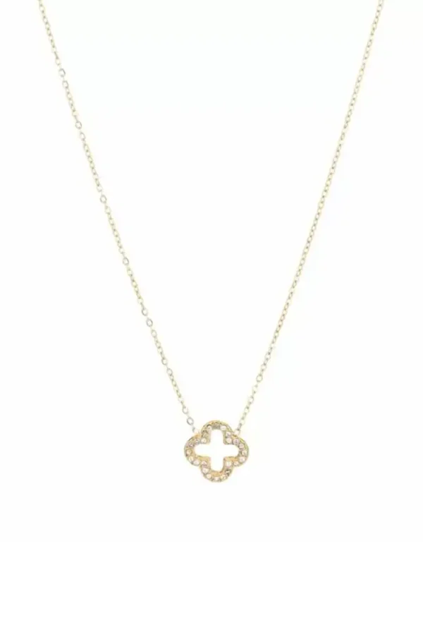 Open klaver ketting, Ketting, dames, stainless steel, strass steentjes, goud