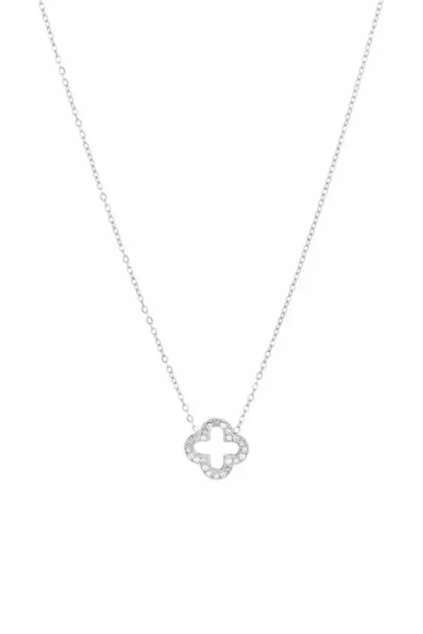 Open klaver ketting, Ketting, dames, stainless steel, strass steentjes, zilver