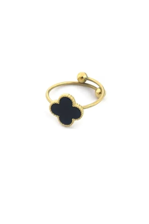Ring klaver, Ring, dames, kinderen, stainless steel, goud, zwarte klaver