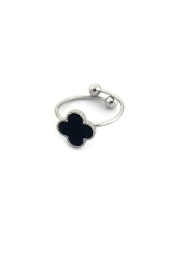 Ring klaver, Ring, dames, kinderen, stainless steel, zilver, zwarte klaver