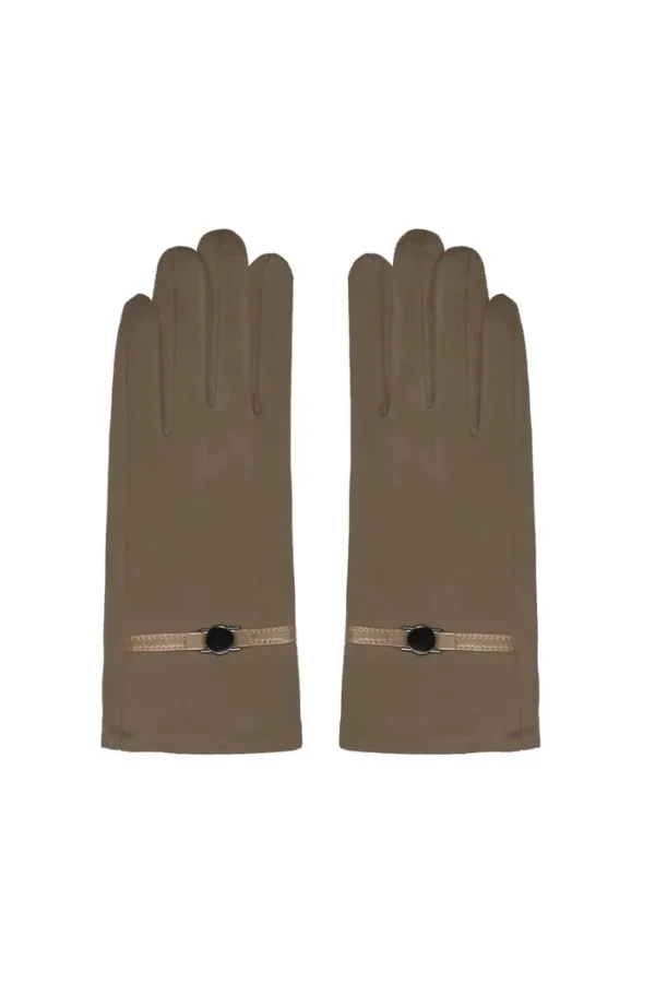Handschoen riempje, Handschoen, zwart, polyester, PU, metaal detail op riempje, beige